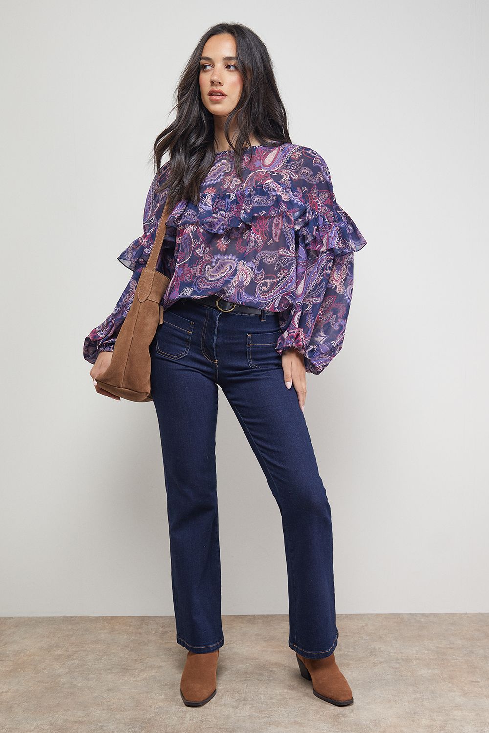 Oasis Printed Ruffle Yoke Balloon Sleeve Boho Blouse Floral image 2