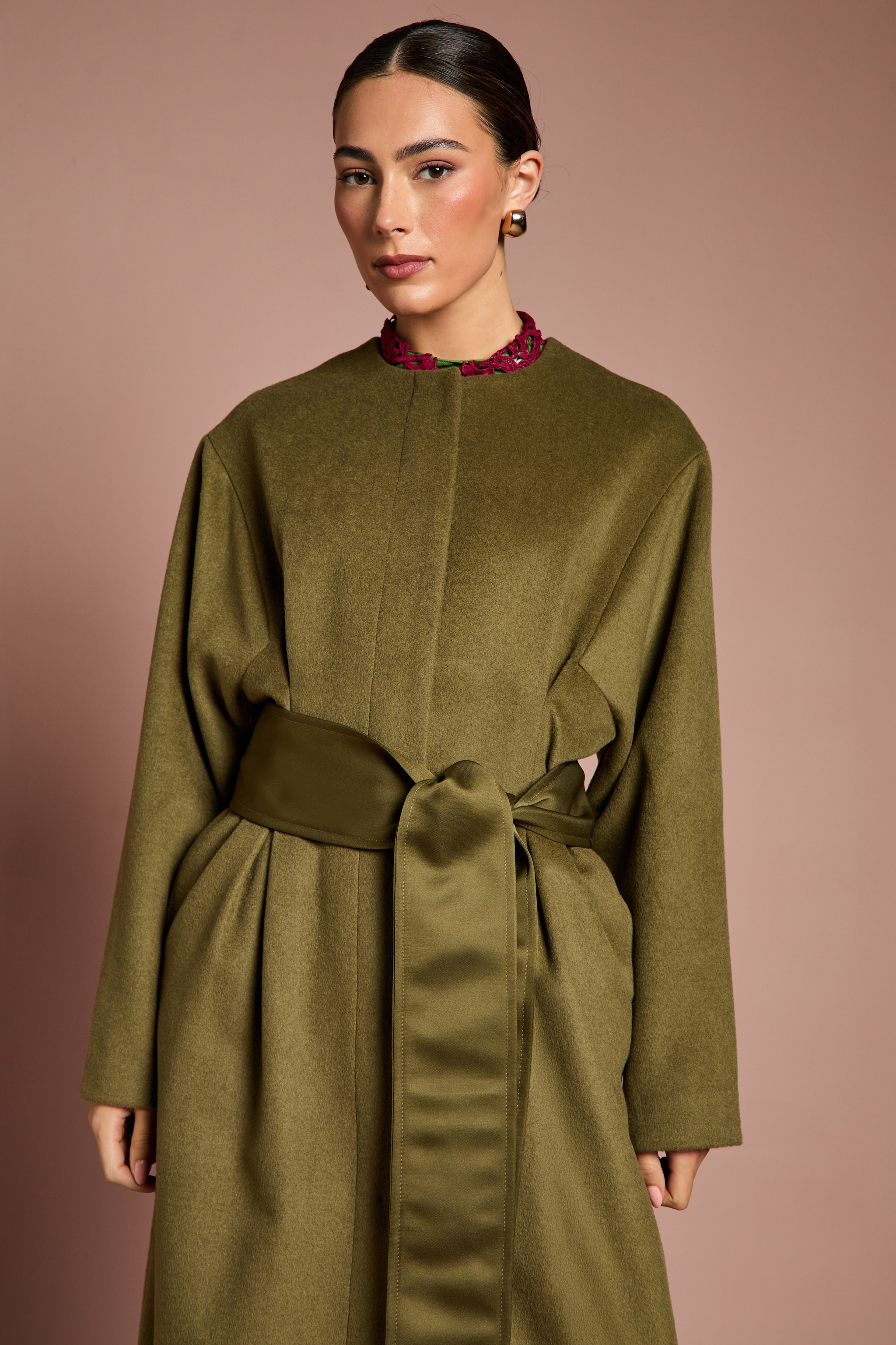 Coast Lisa Tan Occasion Waist Detail Belted Coat Olive image 2