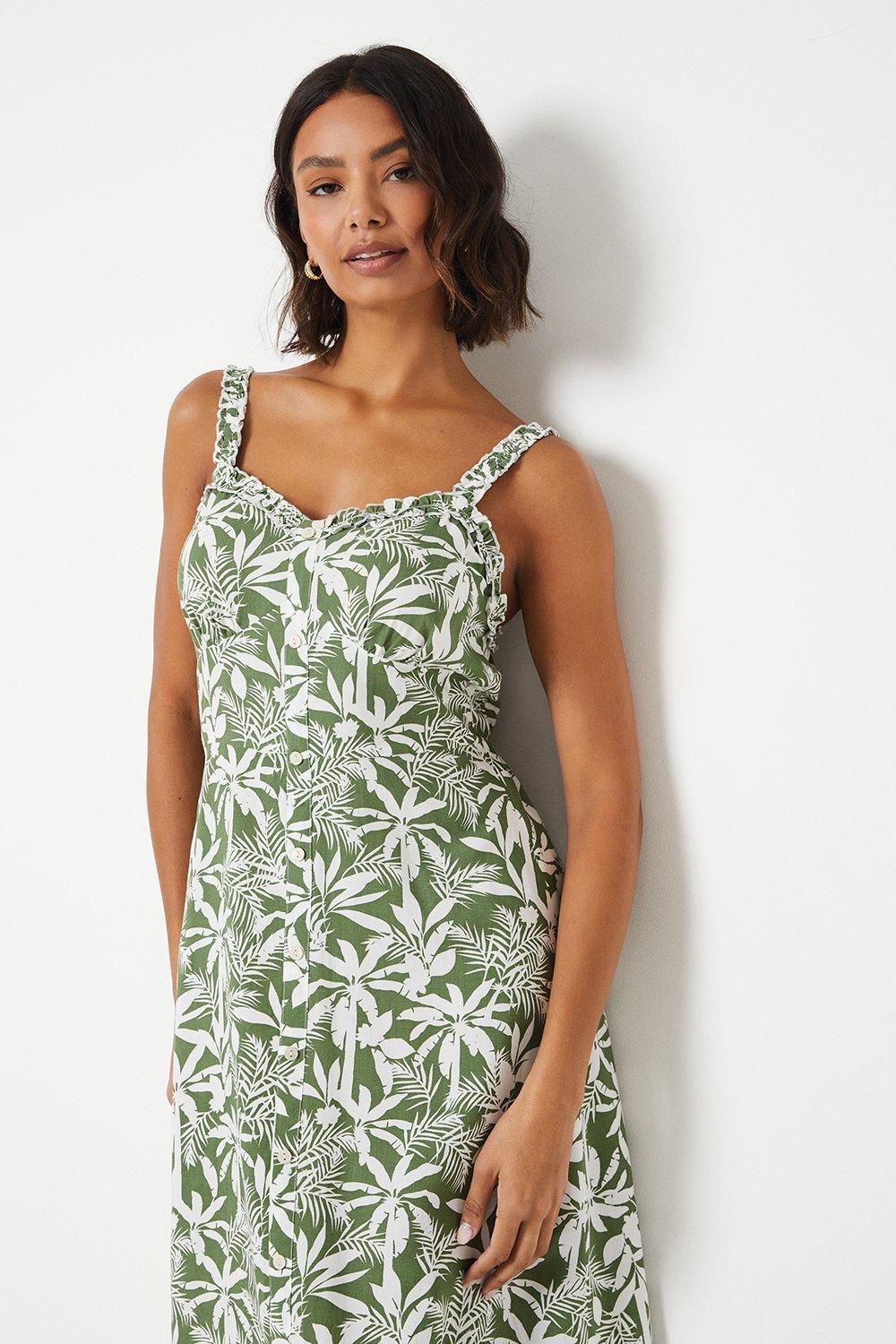 Dorothy Perkins Palm Button Through Frill Neckline Midi Dress Green image 4
