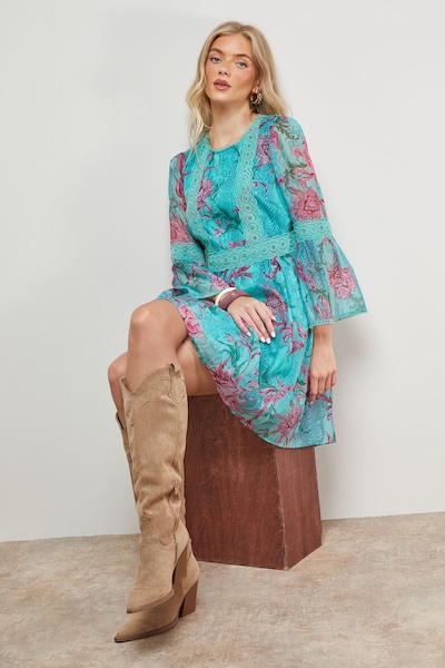 Oasis Lace Trim Fluted Sleeve Mini Prom Dress Floral