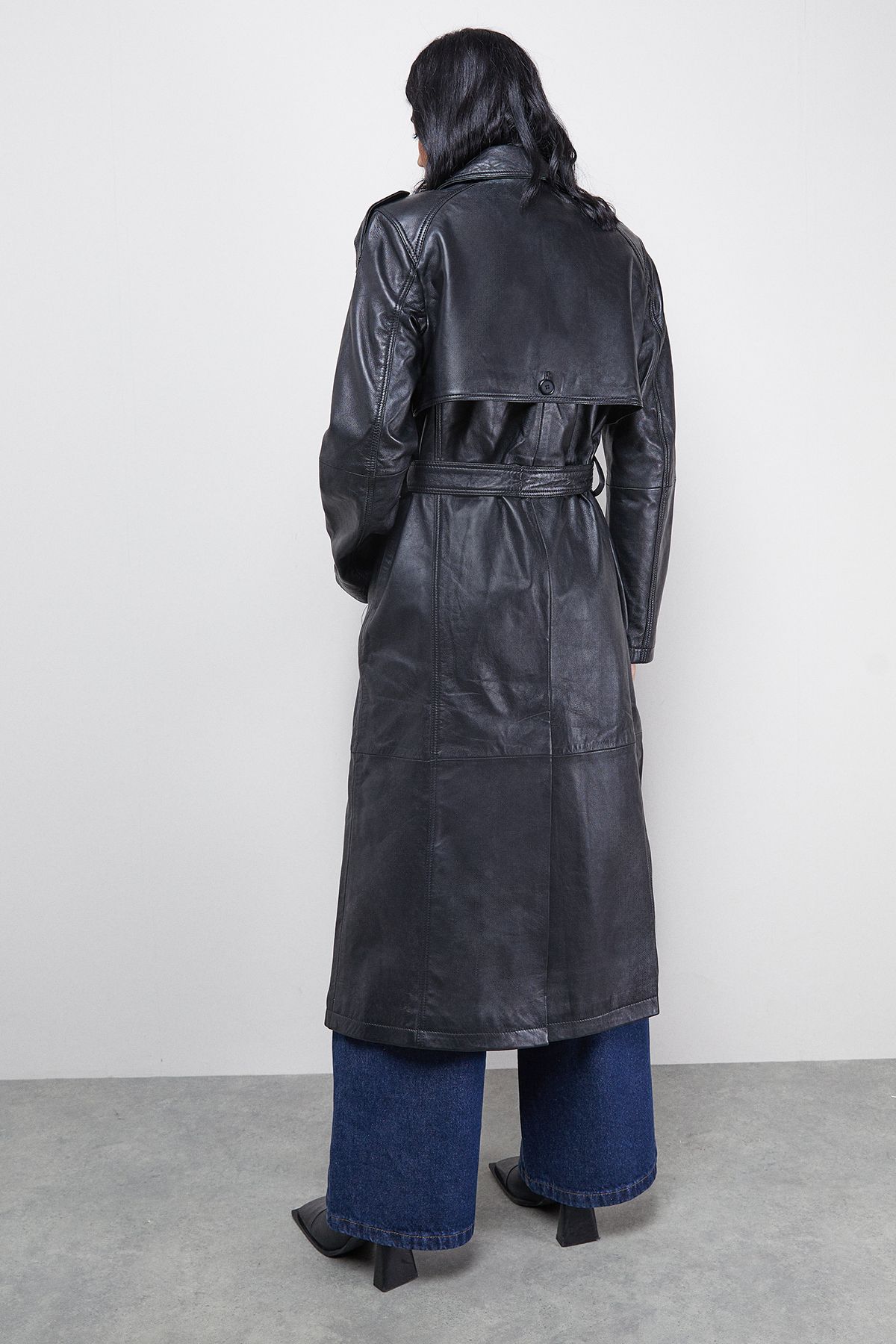 Warehouse Real Leather Belted Trench Coat Black image 3