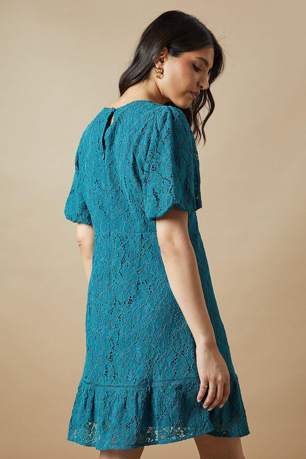 Oasis Lace Puff Sleeve Mini Dress Green image 3