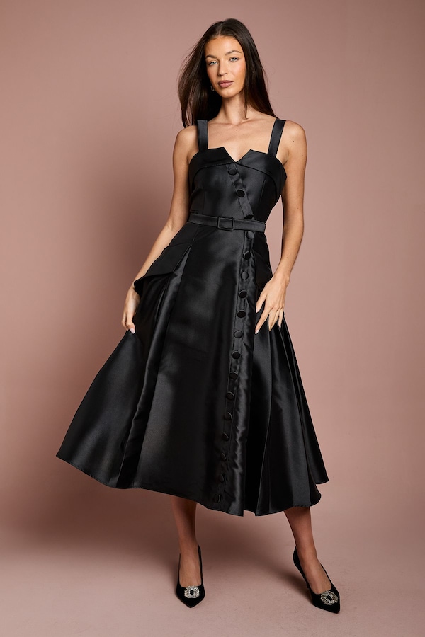 Coast Lisa Tan Twill Volume Belted Midi Dress Black