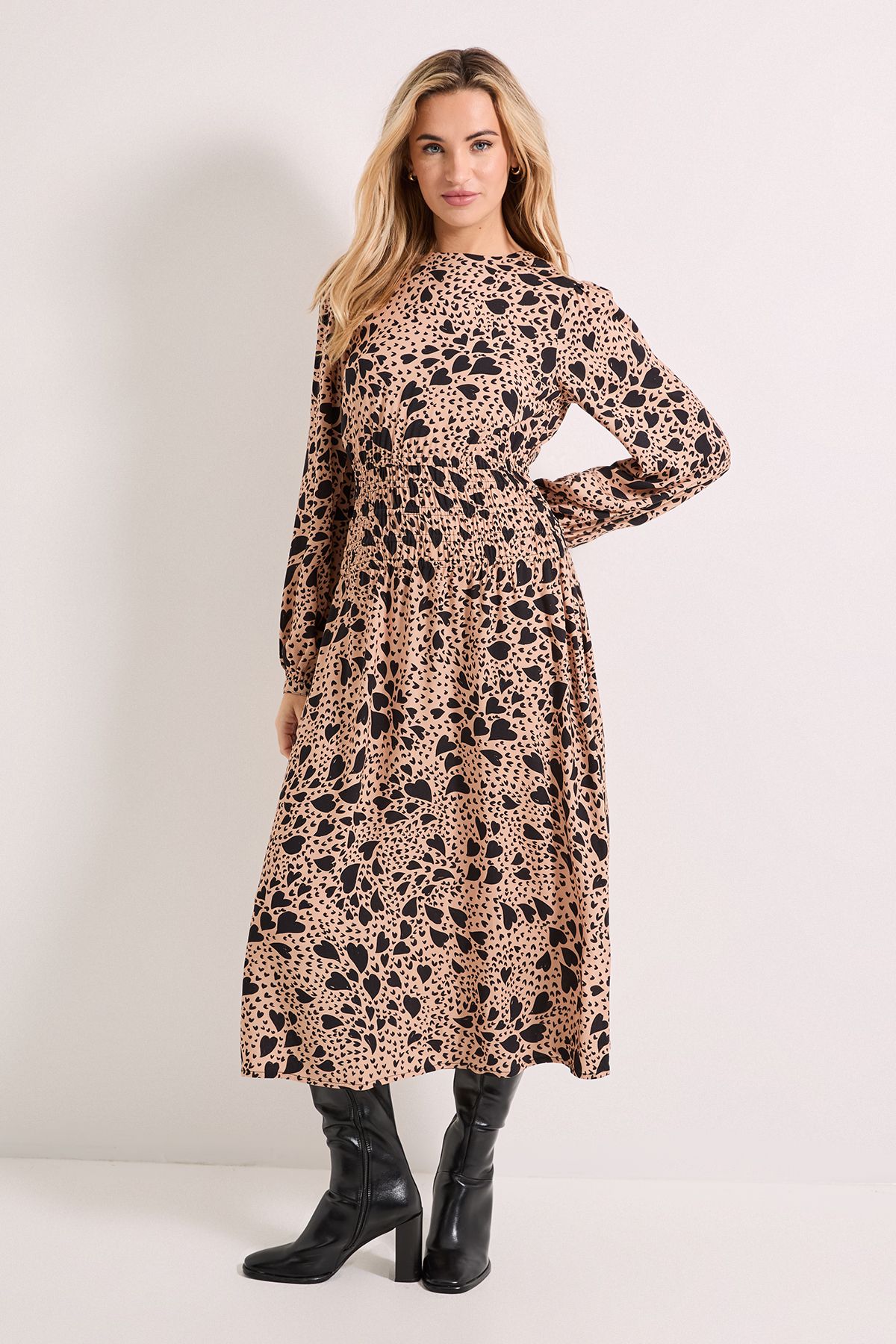 Dorothy Perkins Shirred Dropped Waist Detail Printed Midi Dress Brown