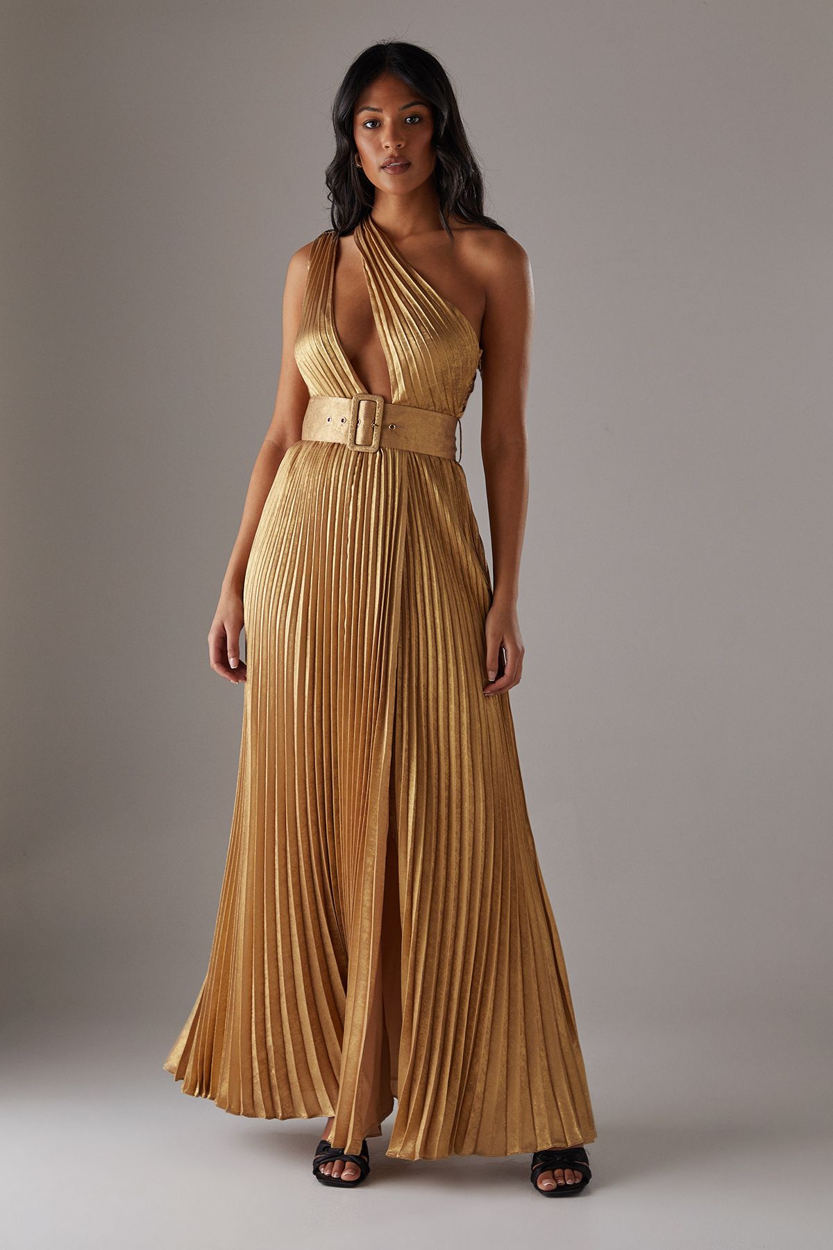 Warehouse Premium One Shoulder Belted Pleated Maxi Dress Gold image 1