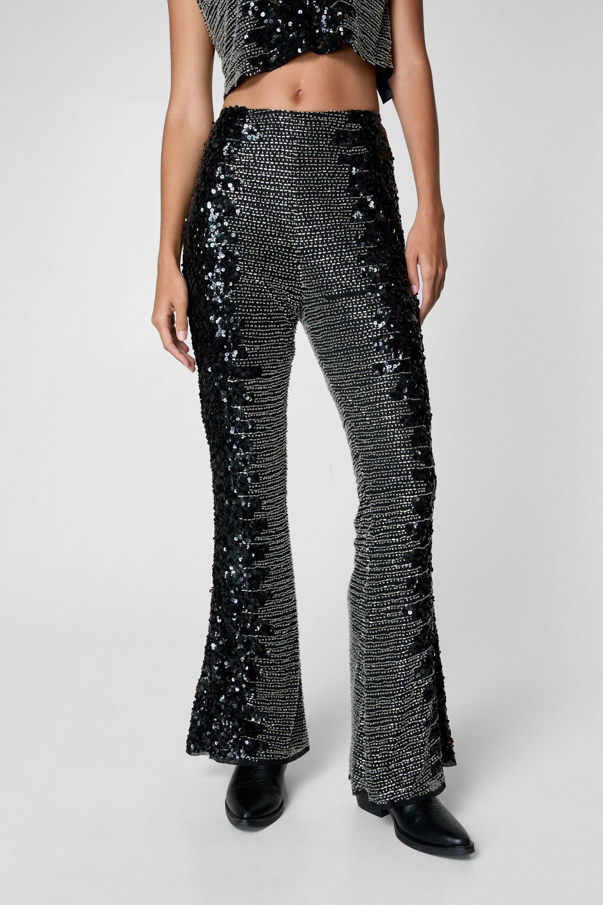 NastyGal Embellished Ombre Sequin Flared Pants Black image 2