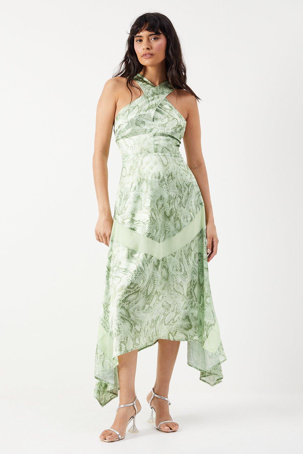Warehouse Snake Print Satin Cross Front Chiffon Insert Hanky Hem Midi Dress Lime image 1