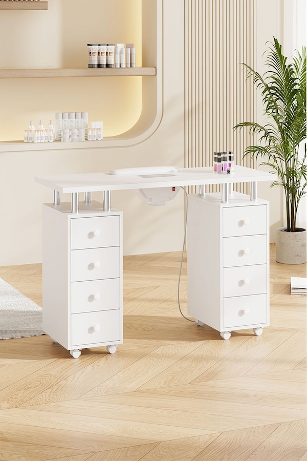 Living and Home Professional Fashion Makeup Desk Dresser Manicure Table Nail Desk with Rolling Wheels For Spa Beauty Salon & Home