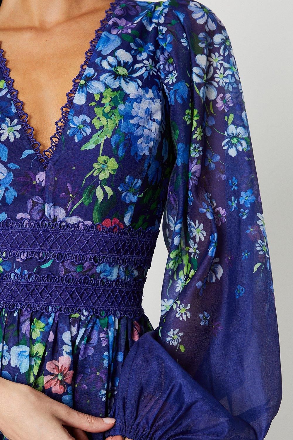 Coast Organza Floral Placement Lace Trim Midaxi Dress Navy image 2