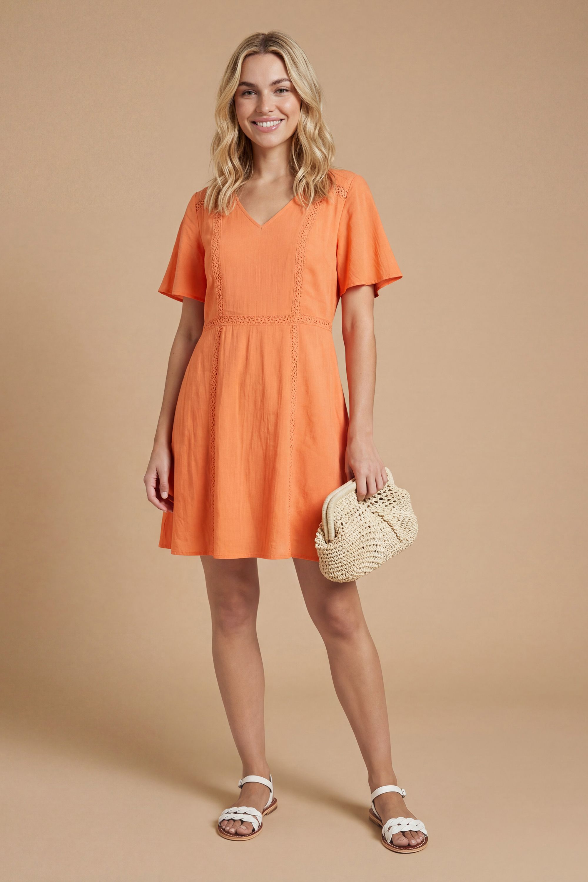 Dorothy Perkins Lace Trim Angel Sleeve Mini Dress Orange