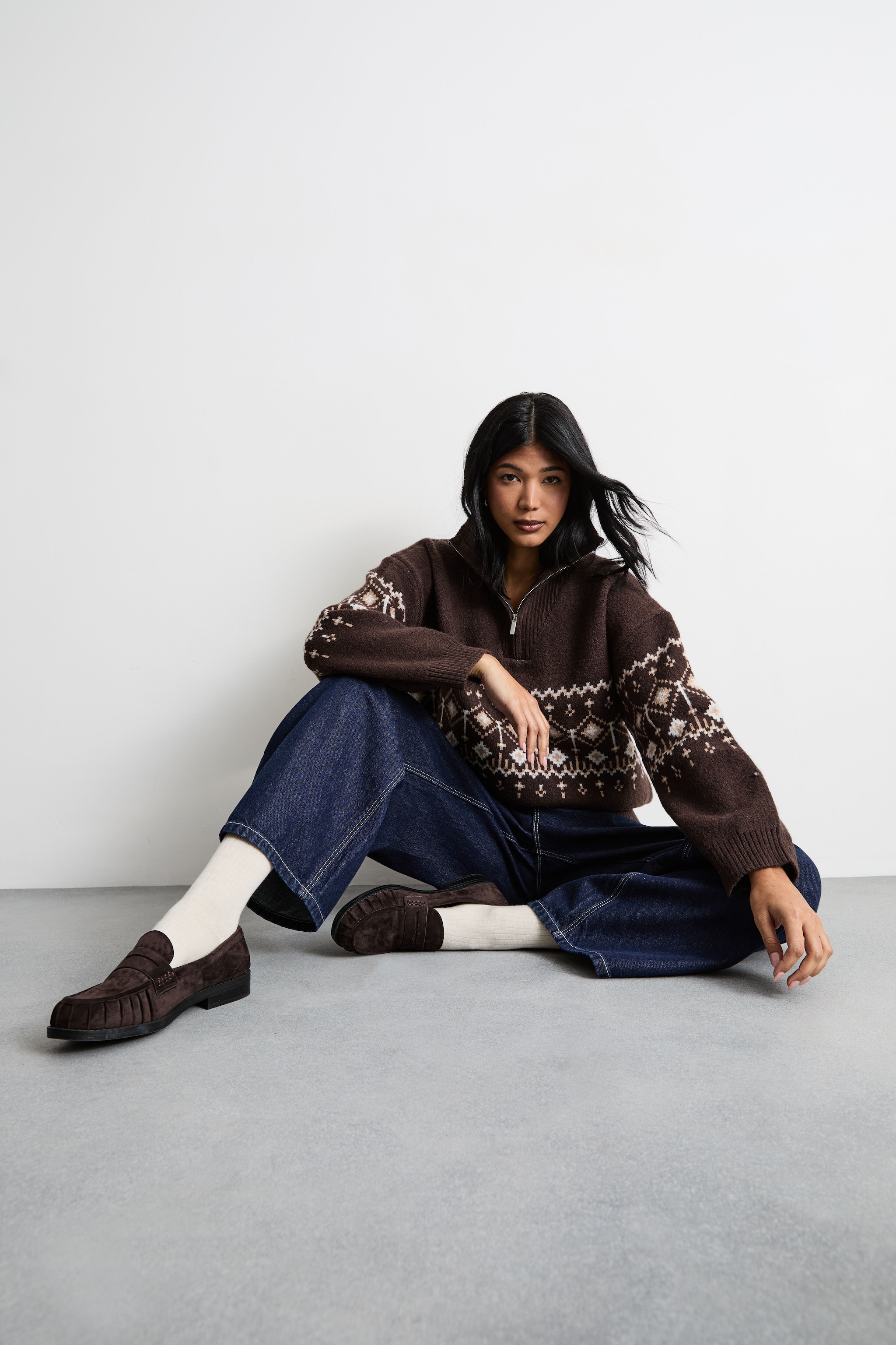 Warehouse Fairisle Half Zip Jumper Chocolate image 4