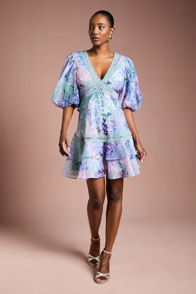 Coast Lace Trim Puff Sleeve Organza Mini Dress Sage