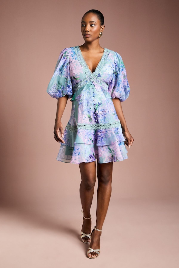 Coast Lace Trim Puff Sleeve Organza Mini Dress Sage