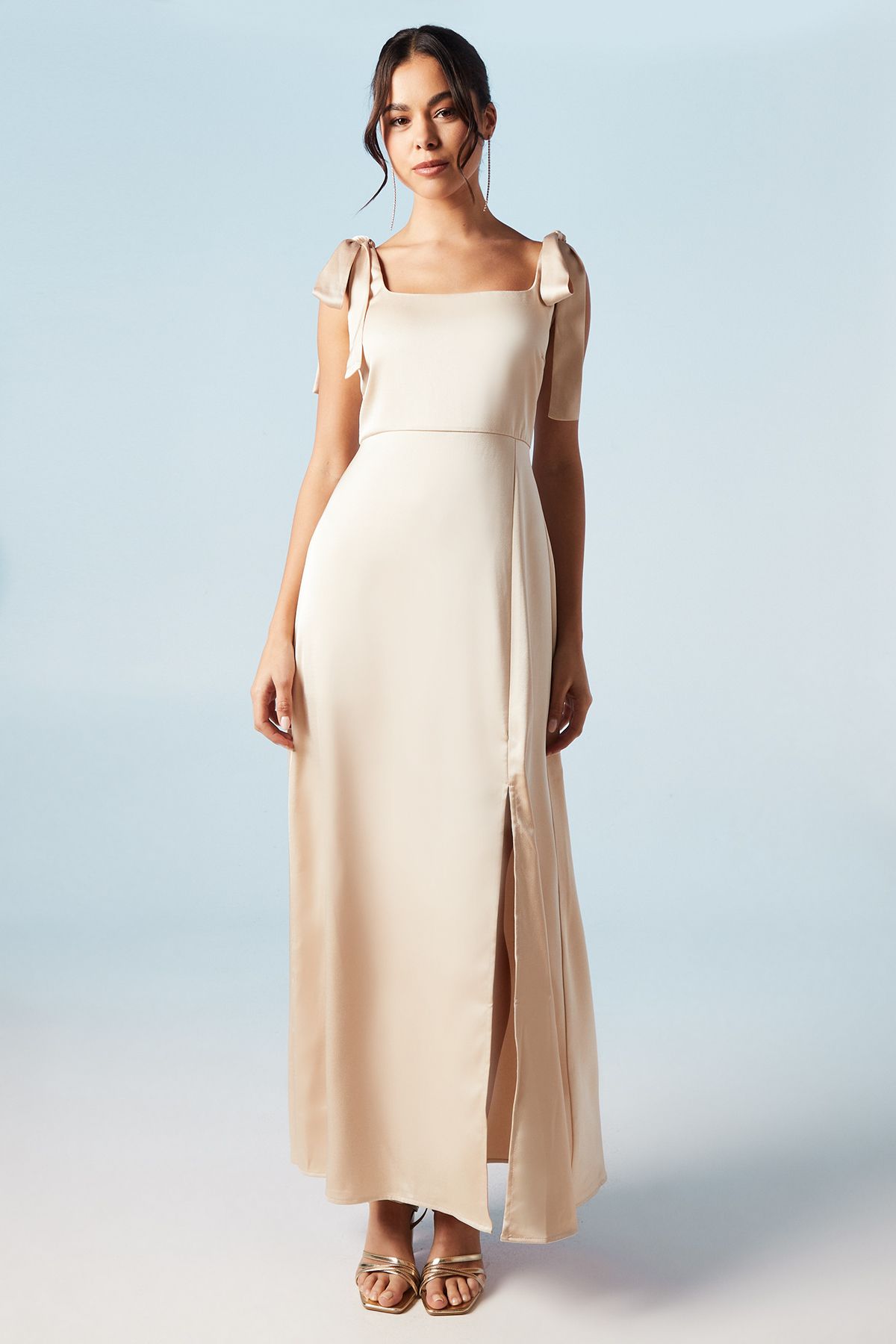 Oasis Oasis by Coast Satin Tie Shoulder Midi Bridesmaid Dress Champagne