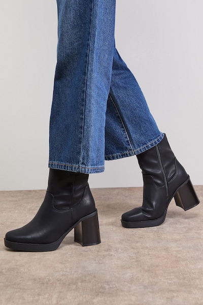 Oasis Wide Fit Carina Faux Leather Round Toe High Block Platform Ankle Boots Black
