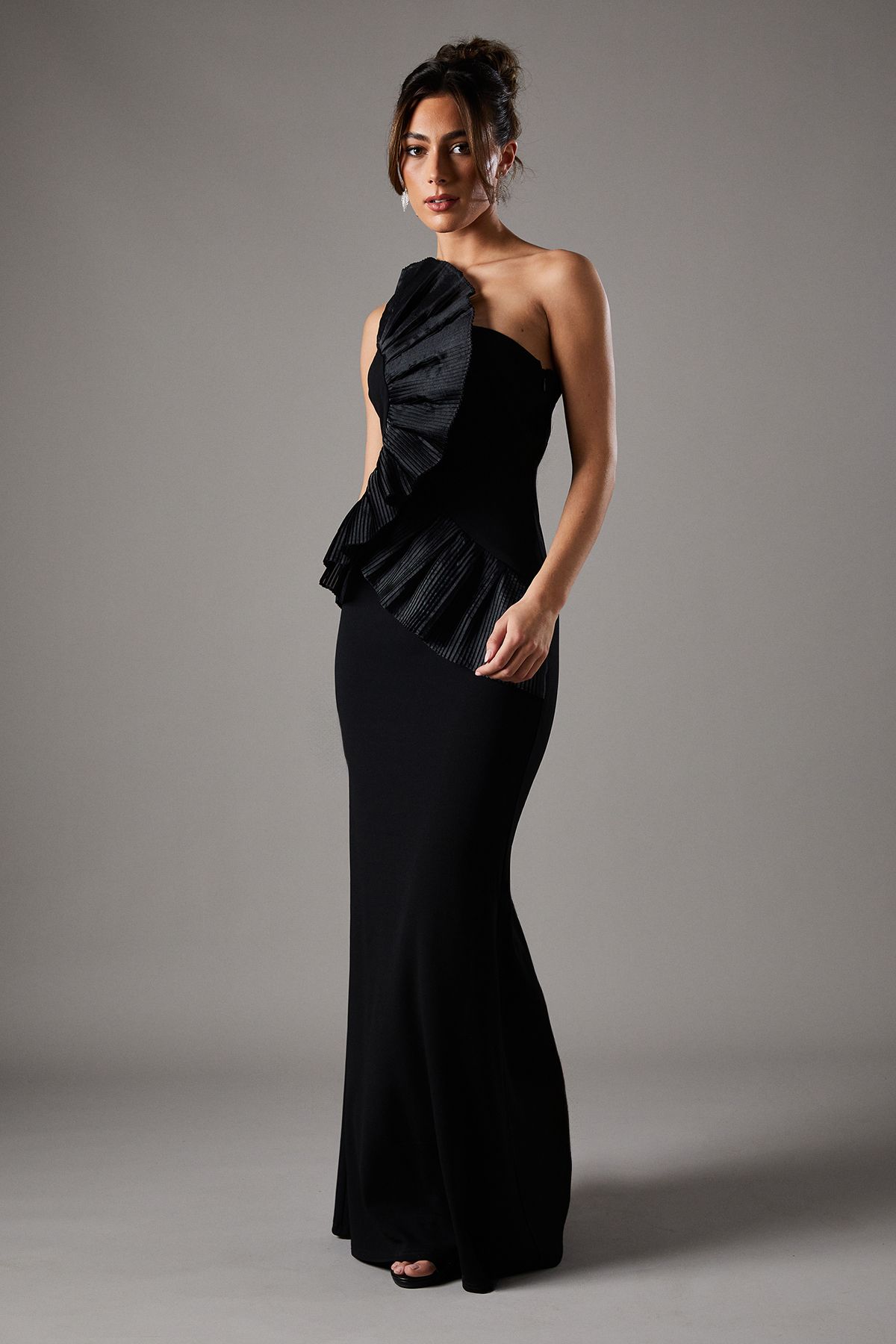 Coast Pleated Front One Shoulder Gown Black image 1