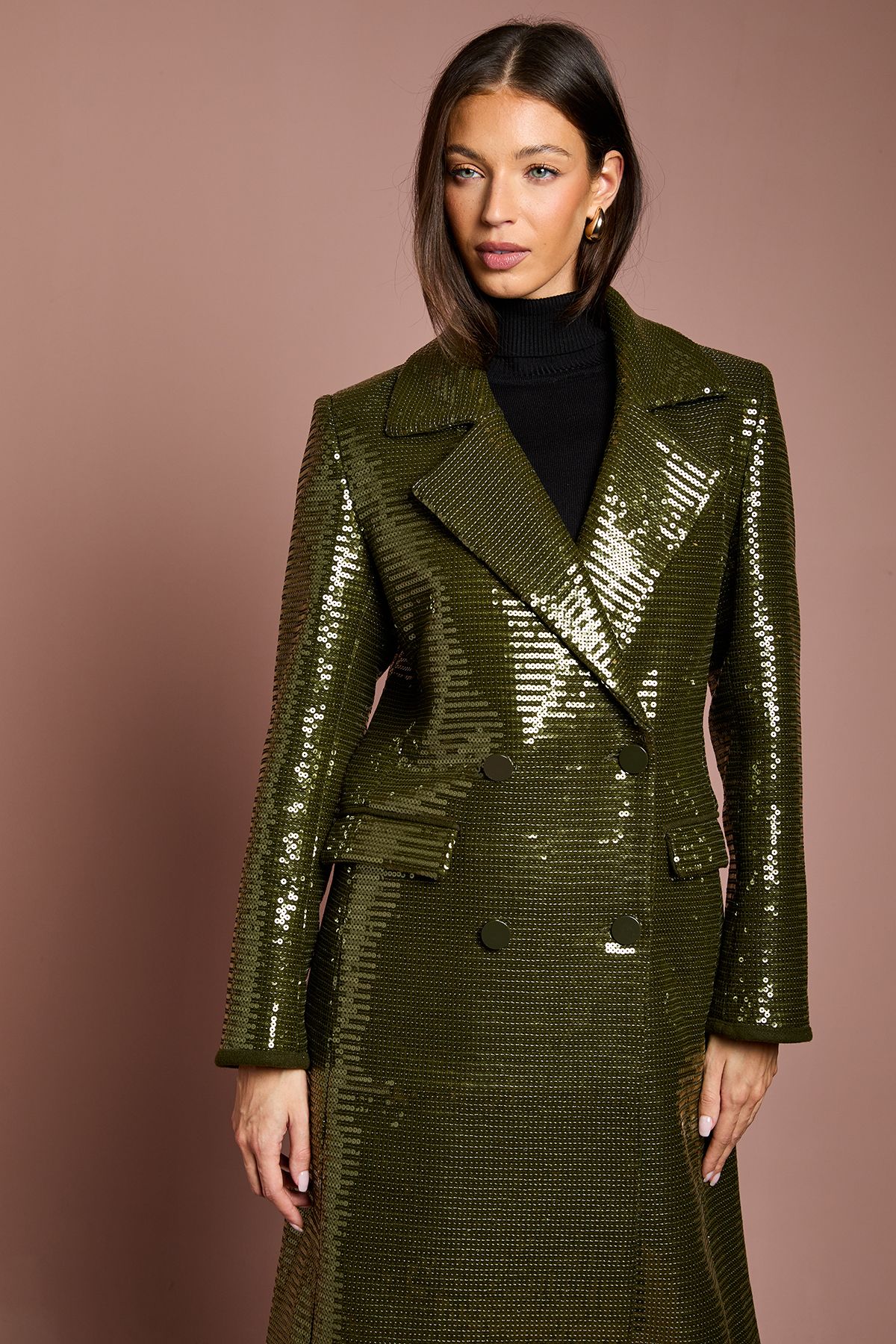 Coast Faux Fur Collar Sequin Longline Coat Olive image 2