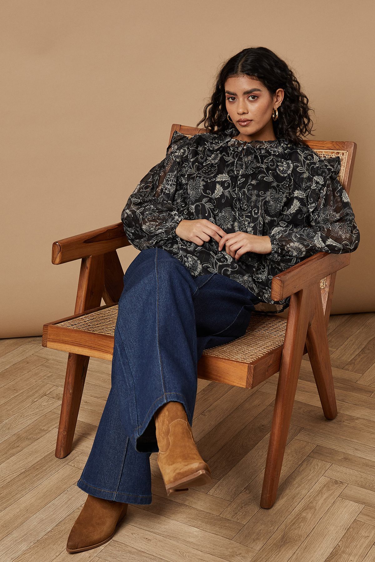 Oasis Petite Paisley Metallic Chiffon Tie Neck Blouse Black image 2