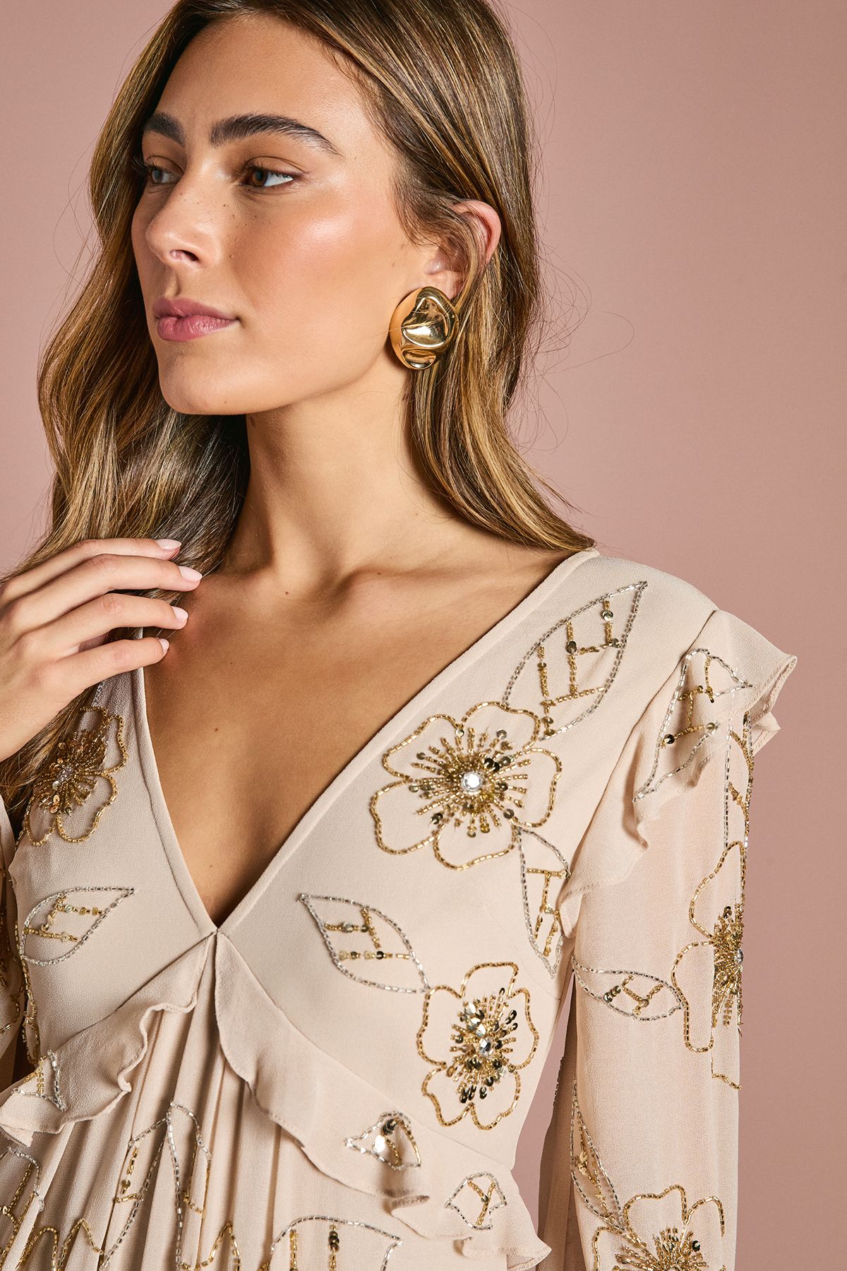 Coast V Neck Embellished Flower Tiered Georgette Midi Dress Ivory image 4