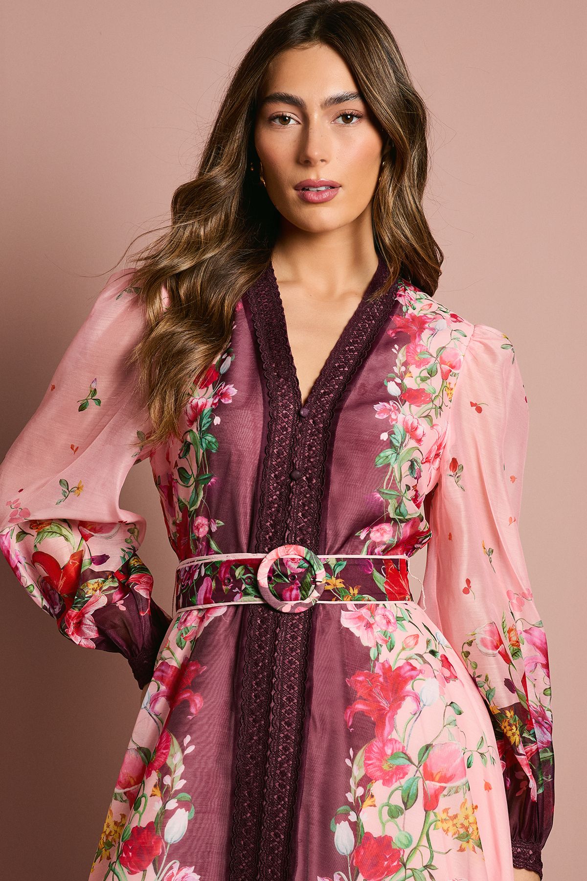 Coast Long Sleeve Organza Midi Dress With Belt Pink image 4