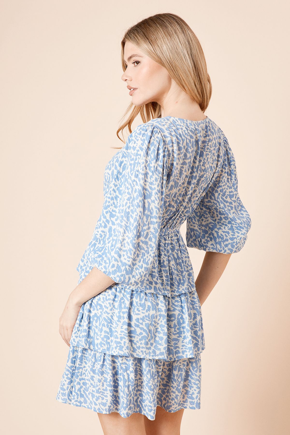 Dorothy Perkins Blue Wrap Front Tiered Blouson Sleeve Mini Dress Blue image 4