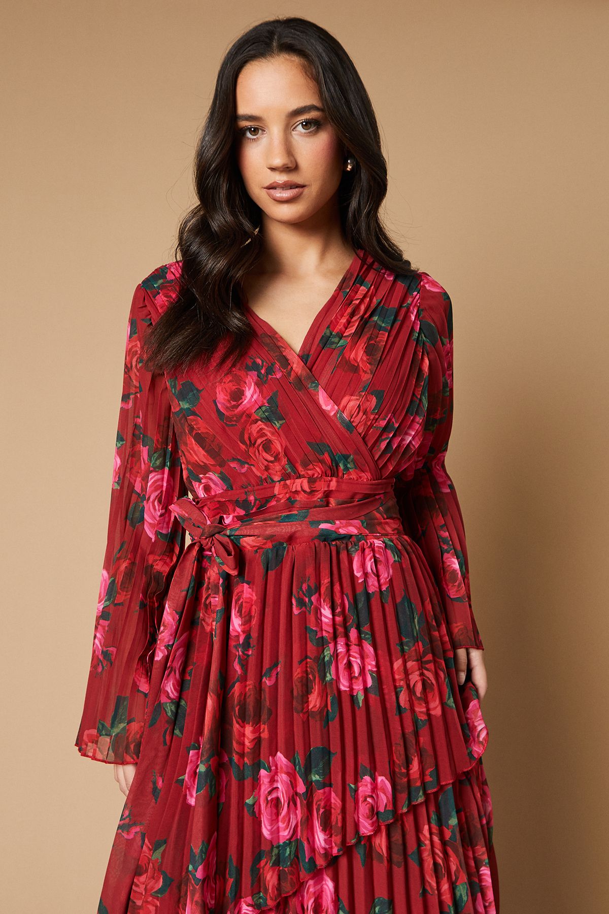 Oasis Floral Printed Pleated Asymmetric Tiered Maxi Dress Pink image 4