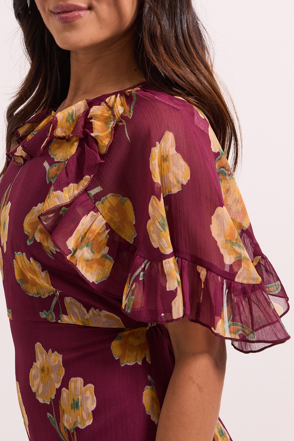 Dorothy Perkins Petite Brown Frill Cape Sleeve Tiered Printed Chiffon Midi Dress Brown image 5