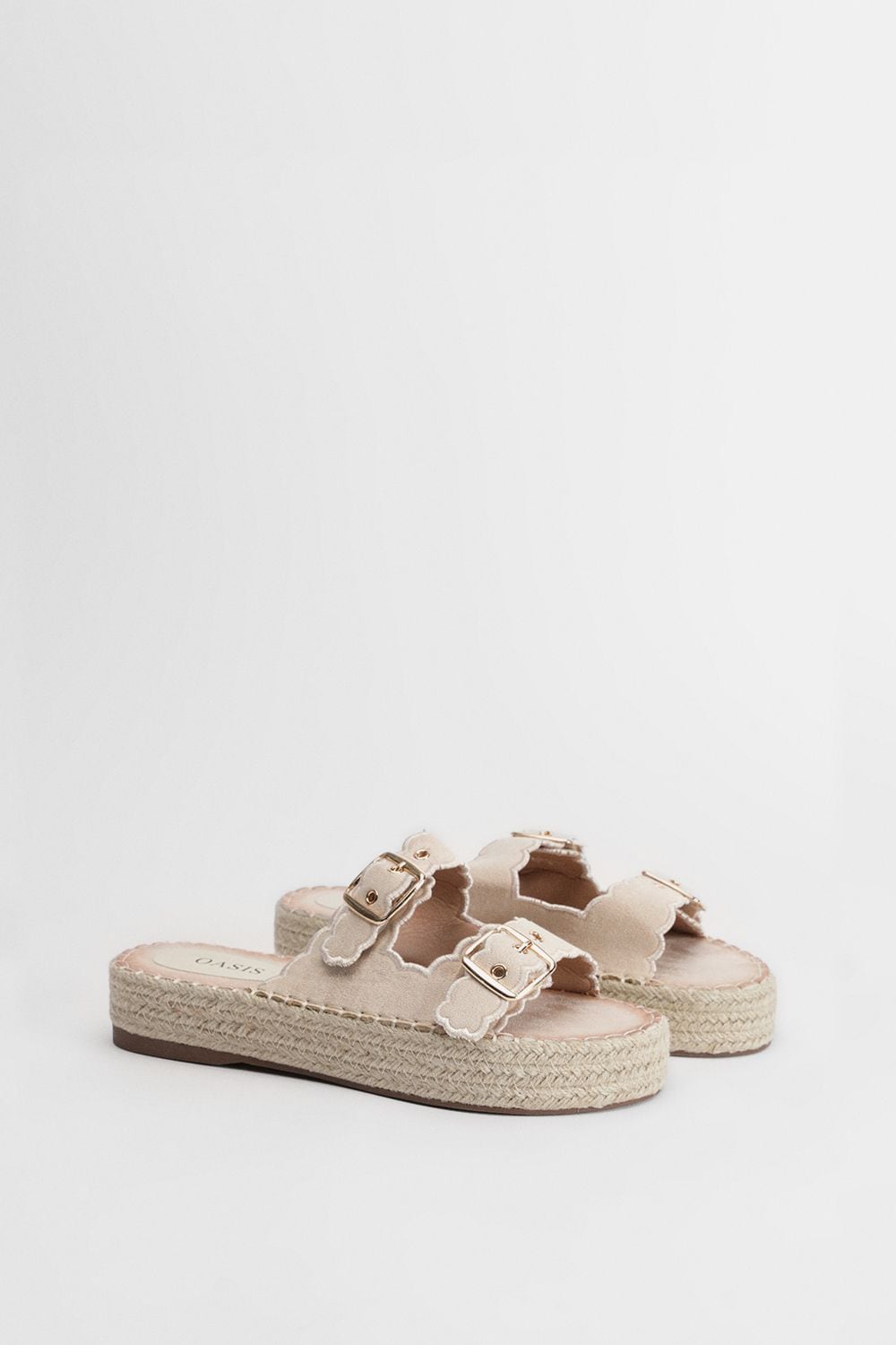 Oasis Bridget Faux Suede Scallop Detail Buckle Footbed Sandals Natural