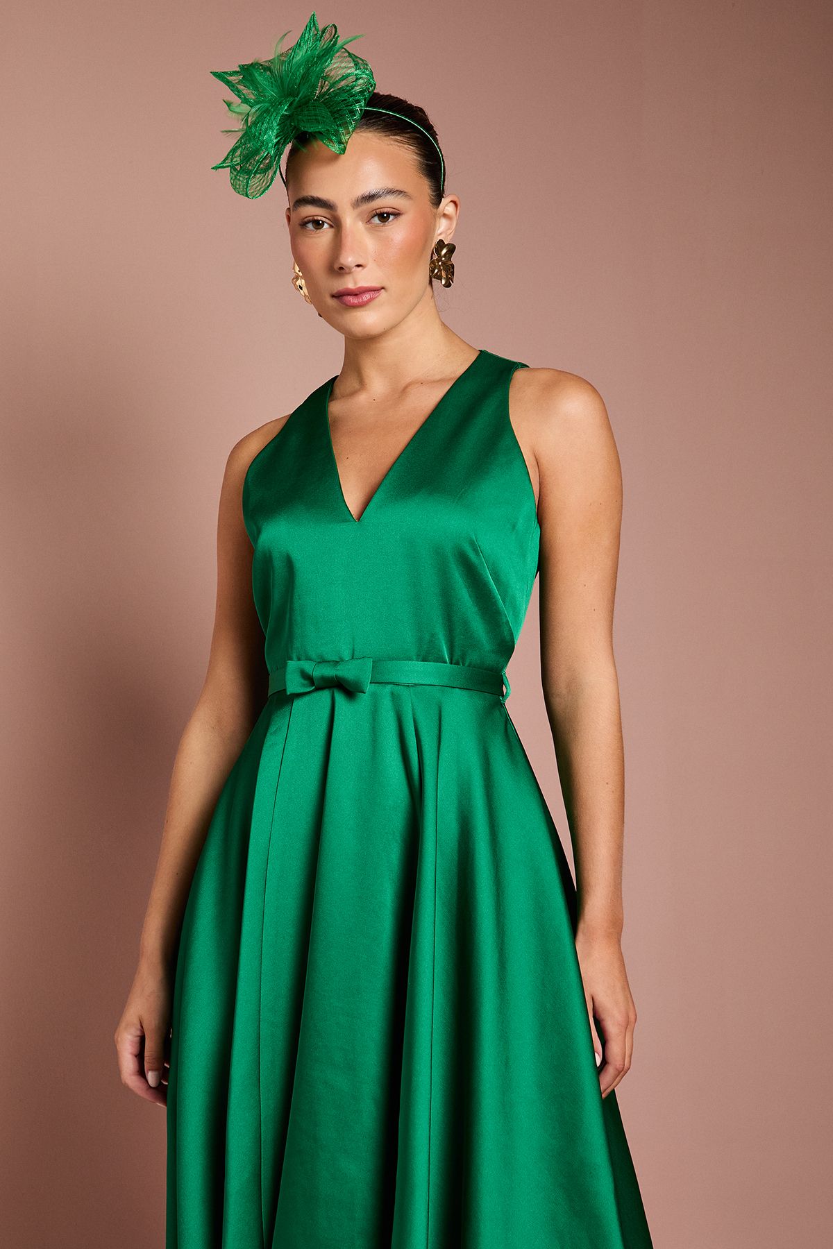 Coast Bow Trim V Neck Volume Skirt Midi Dress Emerald image 2