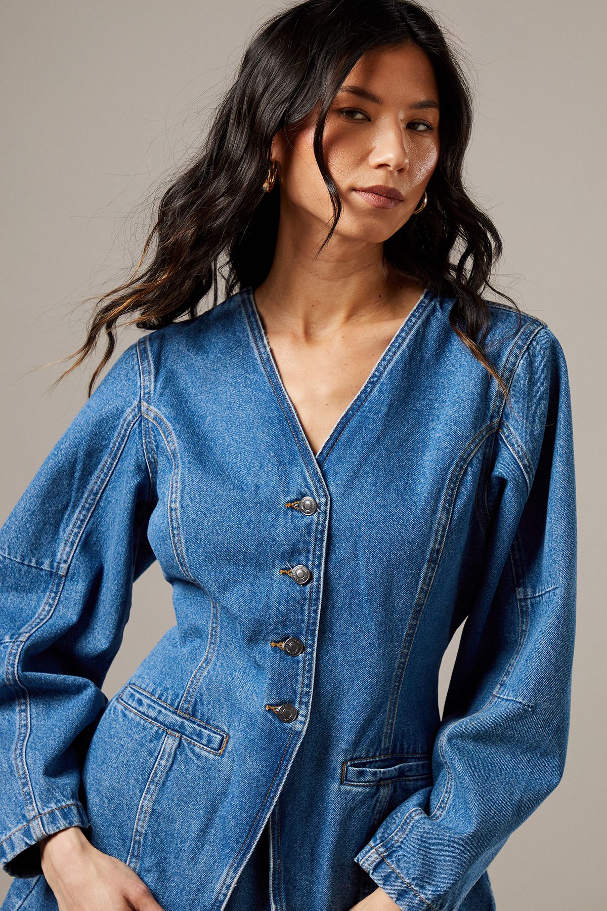 Warehouse Balloon Sleeve Nipped Waist Denim Jacket Mid Wash image 4