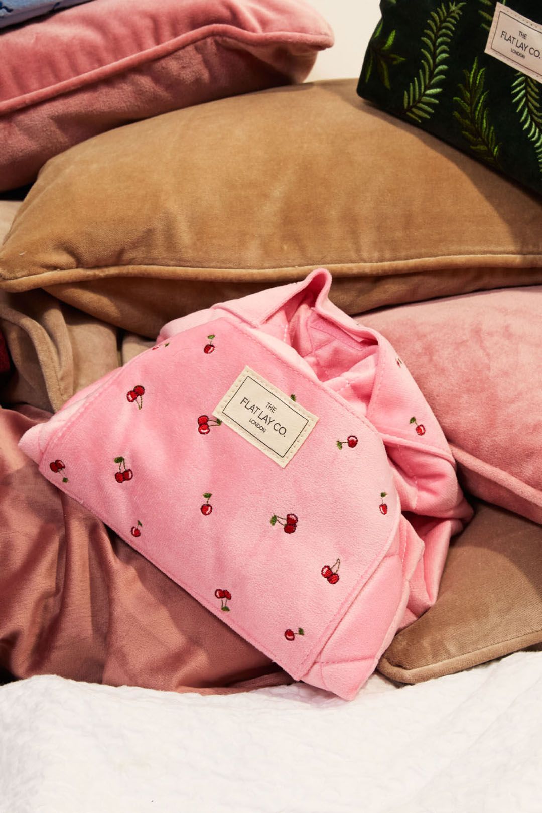 The Flat Lay Co Drawstring Makeup Bag - Ditsy Cherries Pink Embroidered Velvet Multi image 10