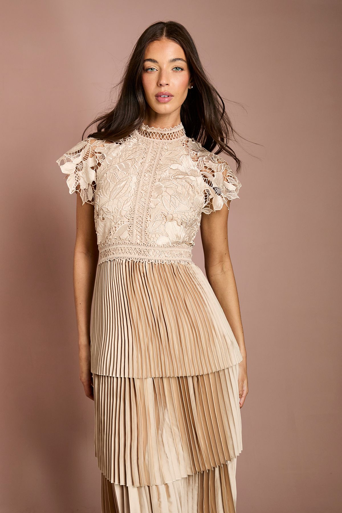 Coast Satin Lace Tiered Dress Champagne image 2