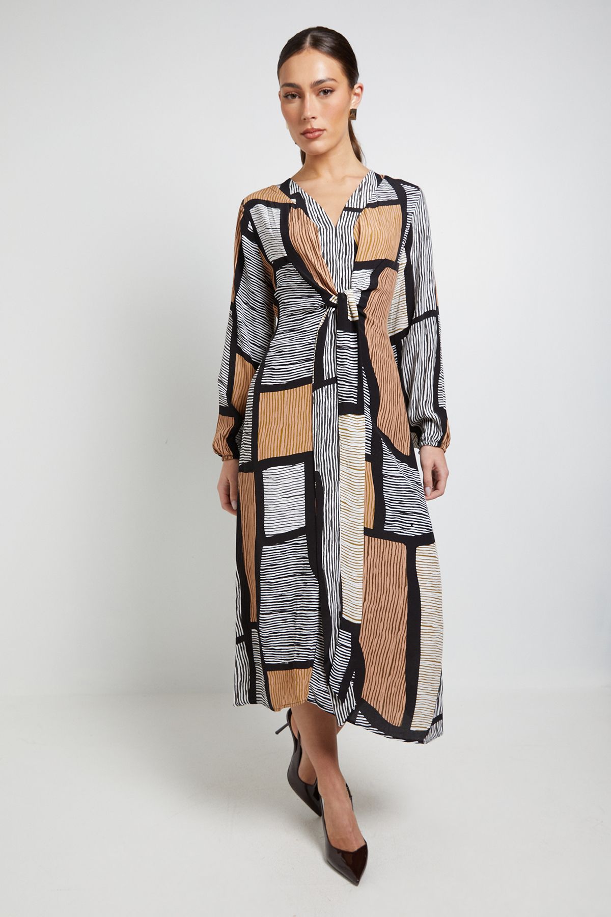 Principles Geo Tie Front Midi Dress Neutral