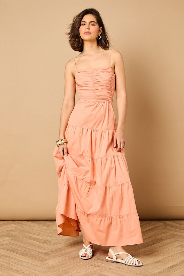 Oasis Gathered Bodice Tie Back Maxi Dress Apricot