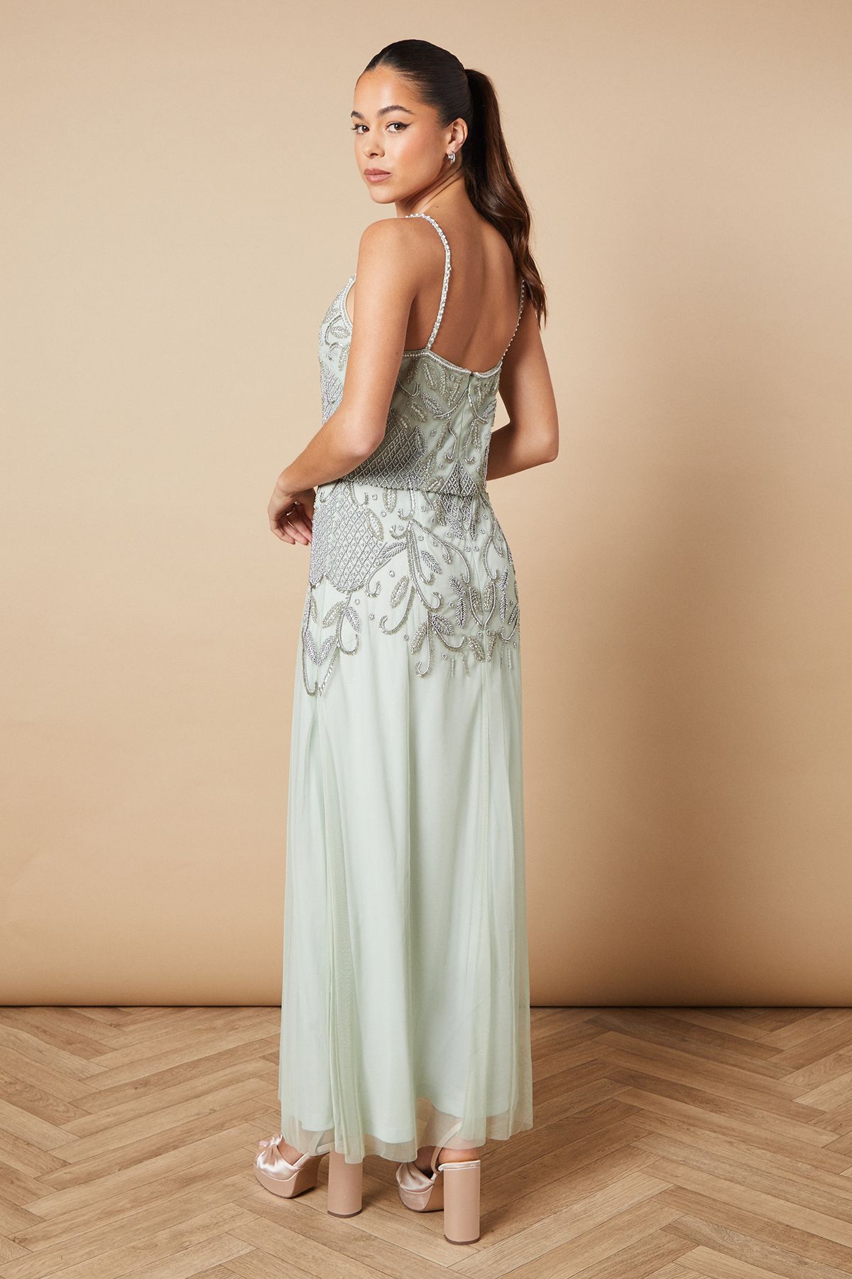 Oasis Hand Embellished Occasion Square Neck Maxi Dress Sage image 3