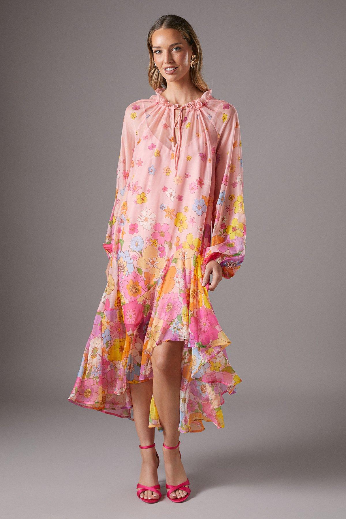 Coast Volume Chiffon Tie Neck Midi Dress Floral image 1