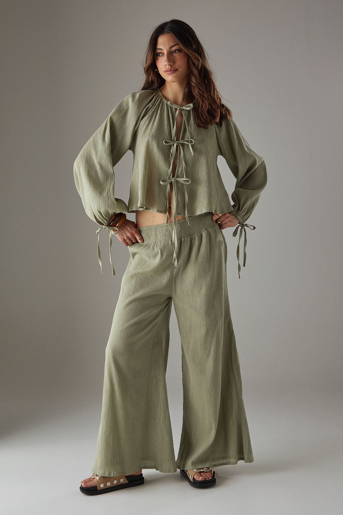 Warehouse Cheesecloth Shirred Waist Wide Leg Trousers Khaki image 1