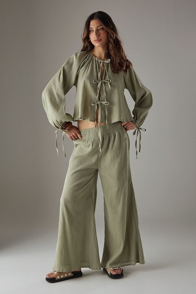 Warehouse Cheesecloth Shirred Waist Wide Leg Trousers Khaki