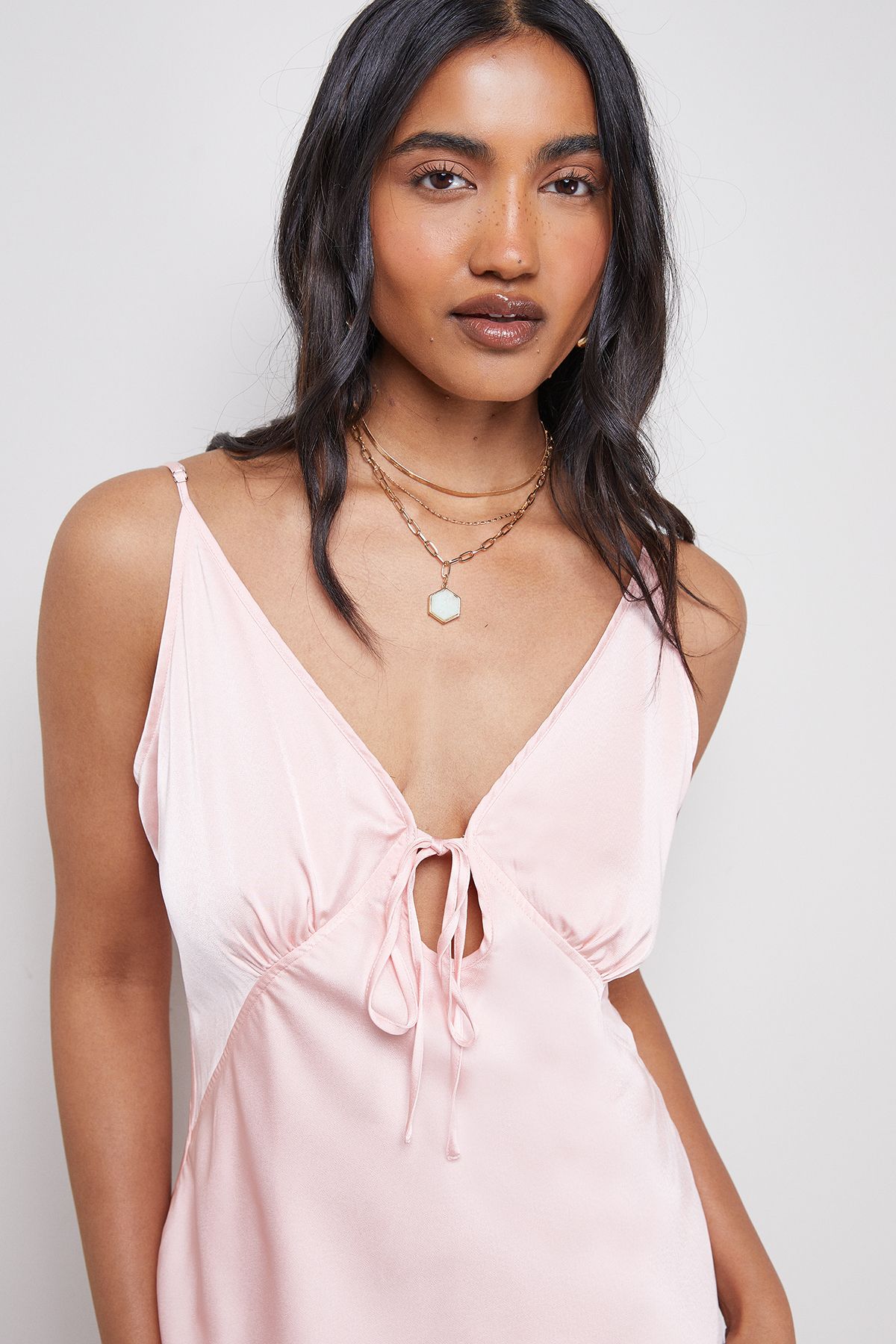 Warehouse Satin Strappy Tie Front Maxi Slip Dress Peach image 4