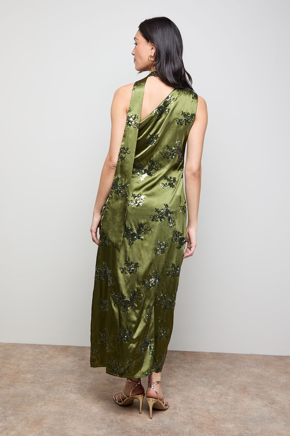 Oasis Sequin Satin Tie Neck Midi Slip Dress Olive image 3