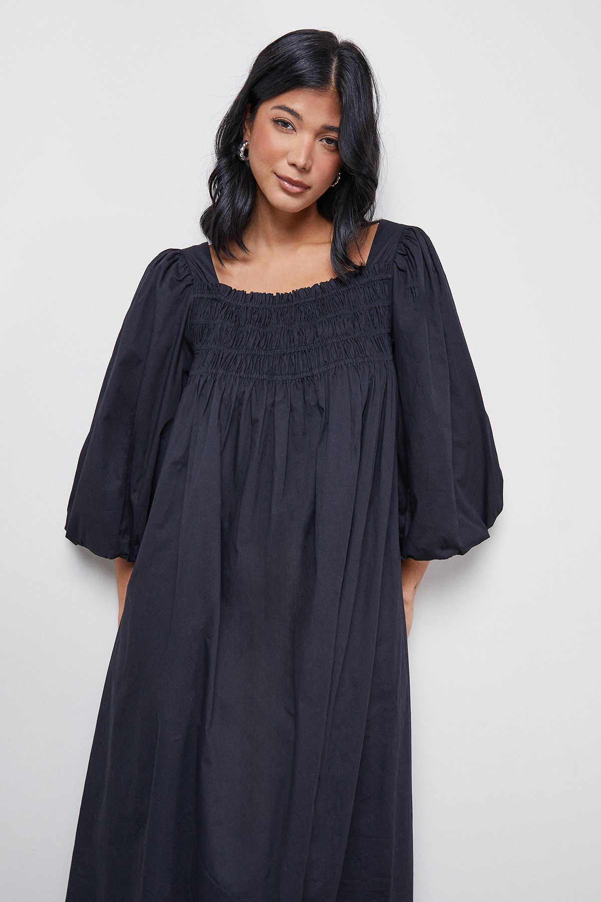 Warehouse Cotton Shirred Square Neck Midi Dress Black image 2