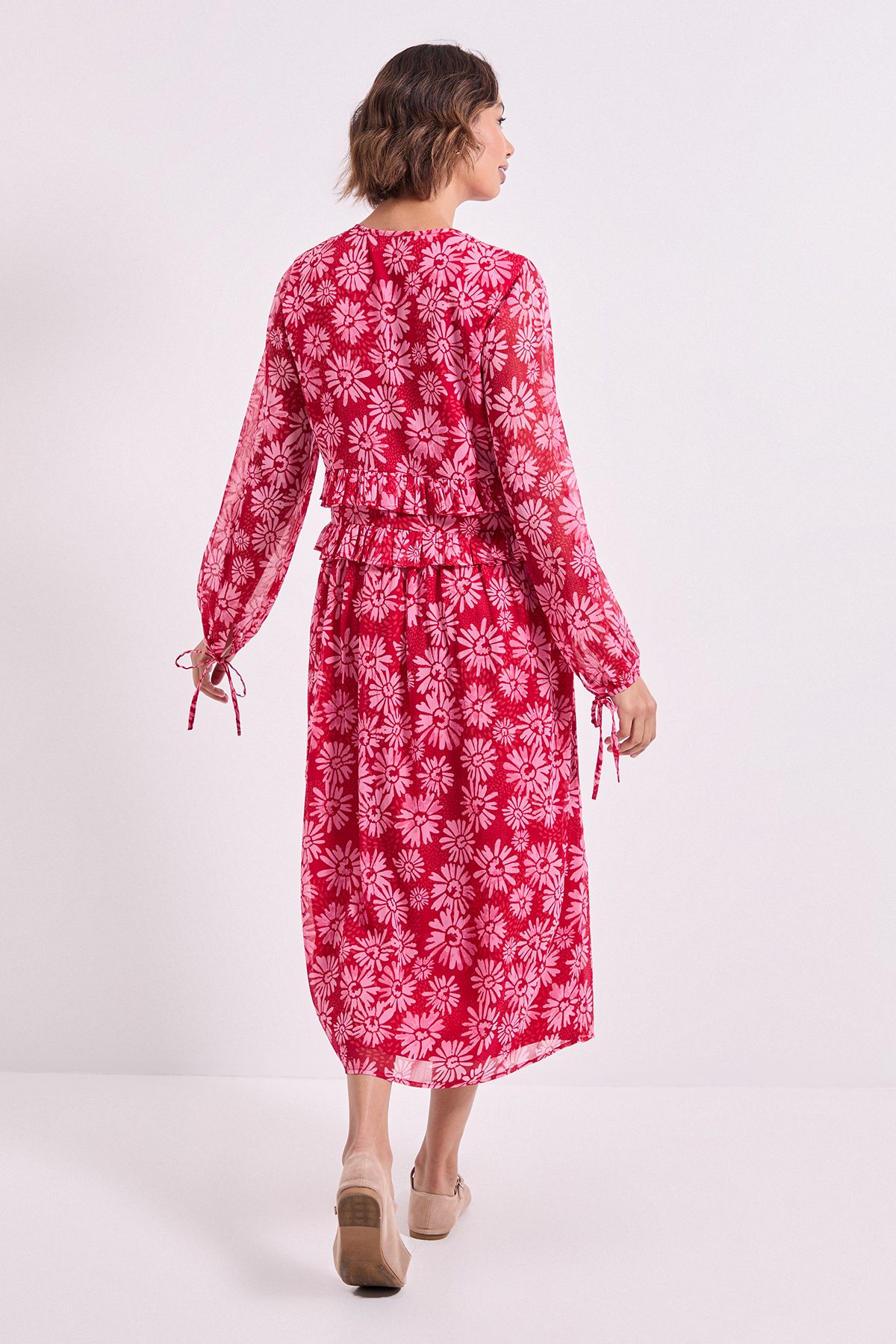 Dorothy Perkins Pink Daisy Tie Neck Frill Detail Trapeze Printed Midi Dress Pink image 3