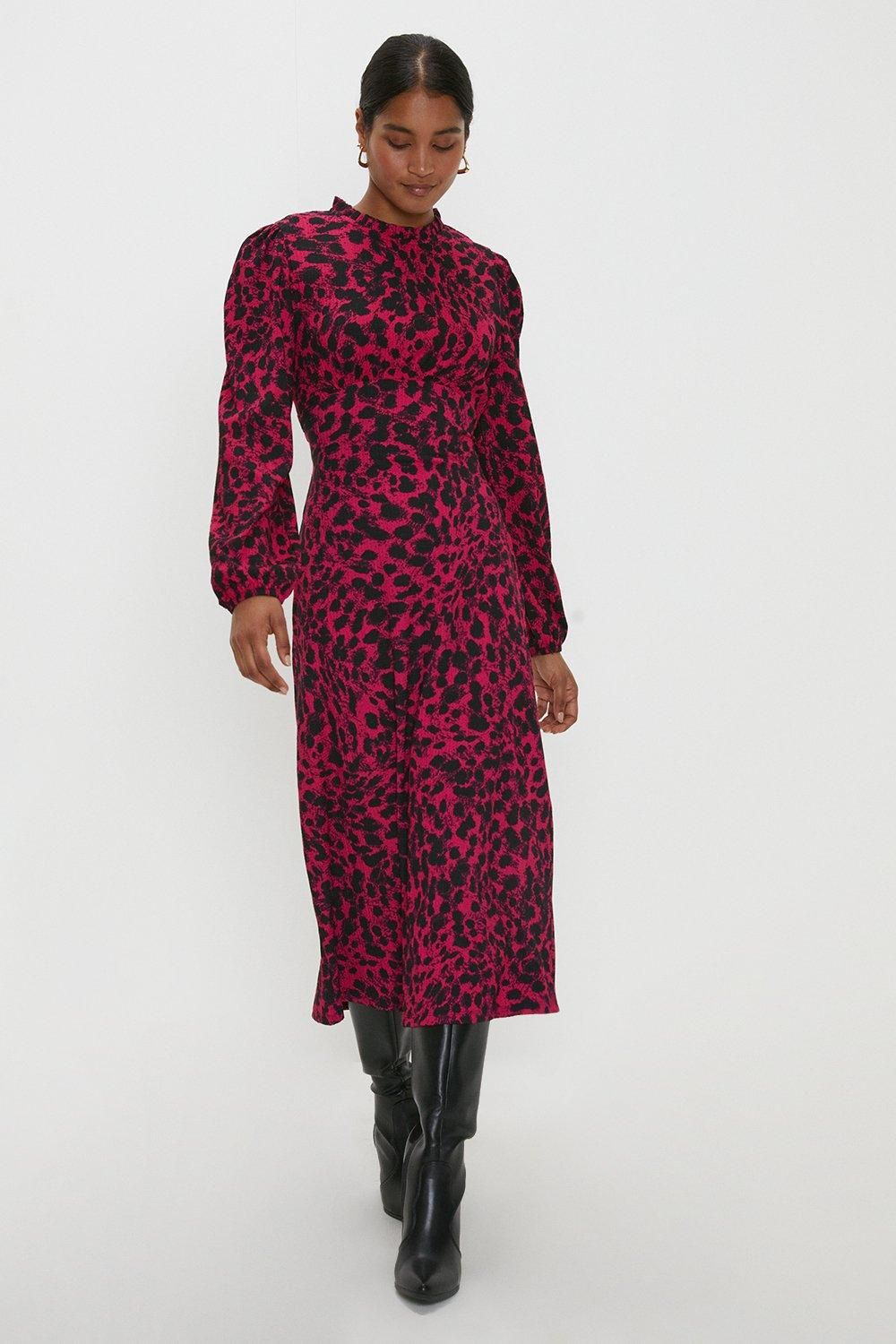 Dorothy Perkins Pink Leopard Frill Neck Midi Dress Pink image 1