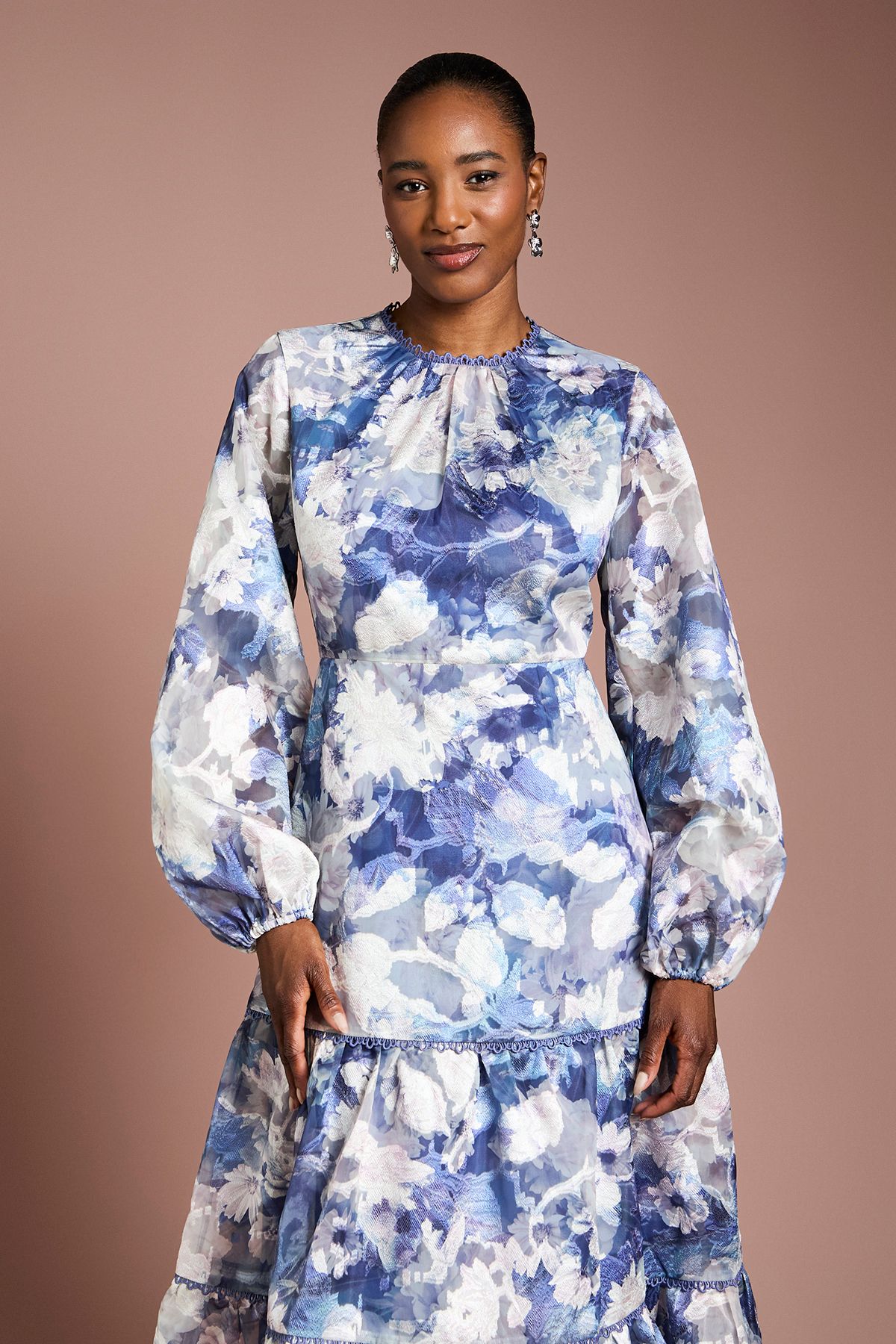 Coast Printed Satin Jacquard Volume Dress Navy image 2