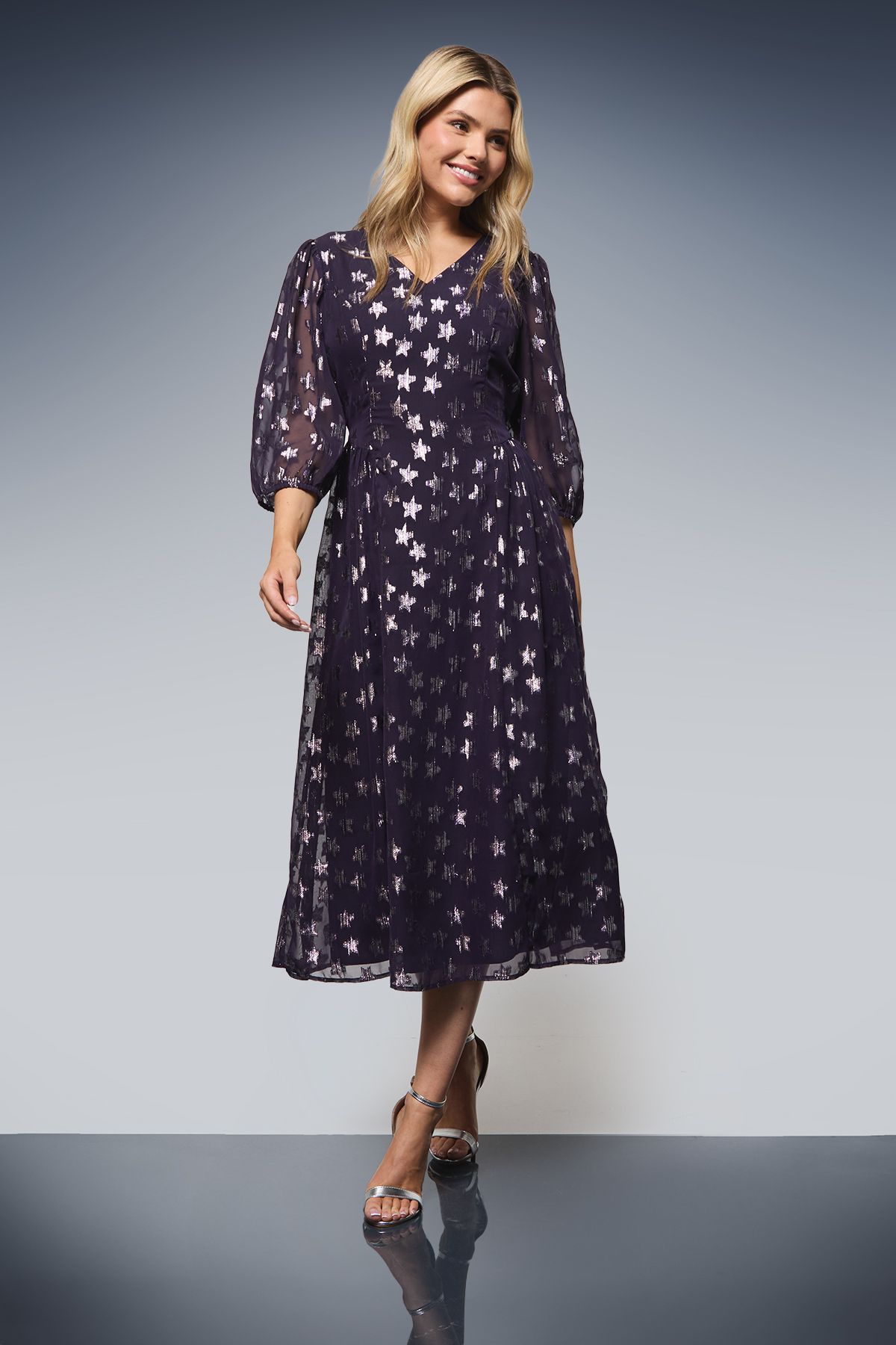 Dorothy Perkins DP Luxe Star Jacquard V Neck Blouson Sleeve Midi Dress Purple image 1