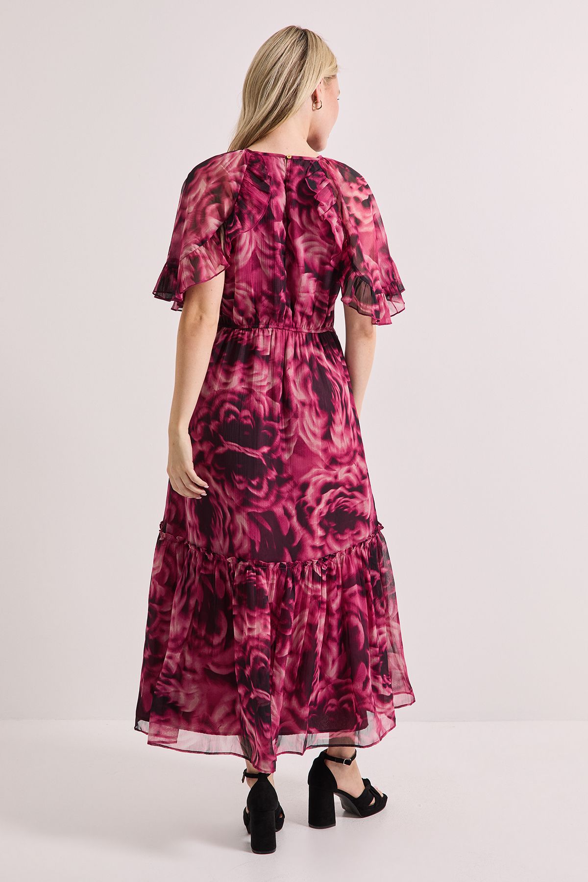 Dorothy Perkins Burgundy Floral Frill Cape Sleeve Tiered Printed Chiffon Midi Dress Burgundy image 3