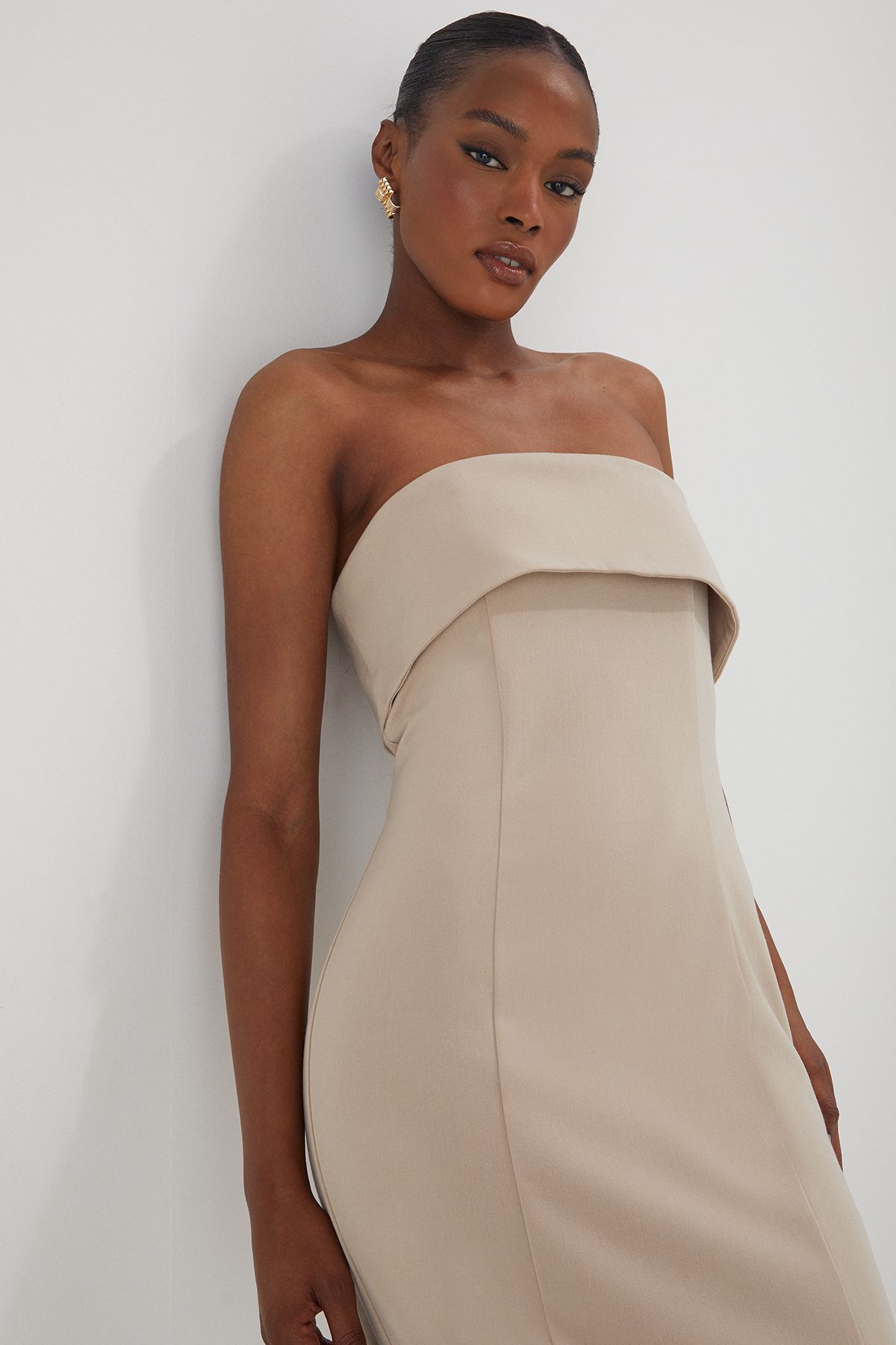 MissPap Bandeau Fold Over Midaxi Dress Ecru image 4