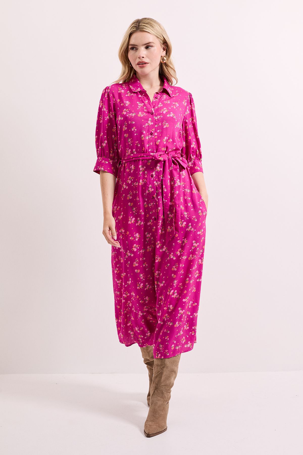 Dorothy Perkins Pink Floral Midi Shirt Dress Pink image 1