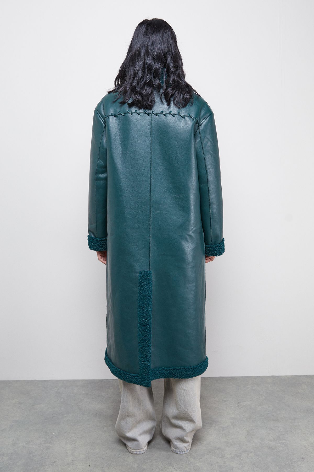 Warehouse Whipstitch Faux Leather Shearling Coat Petrol image 3