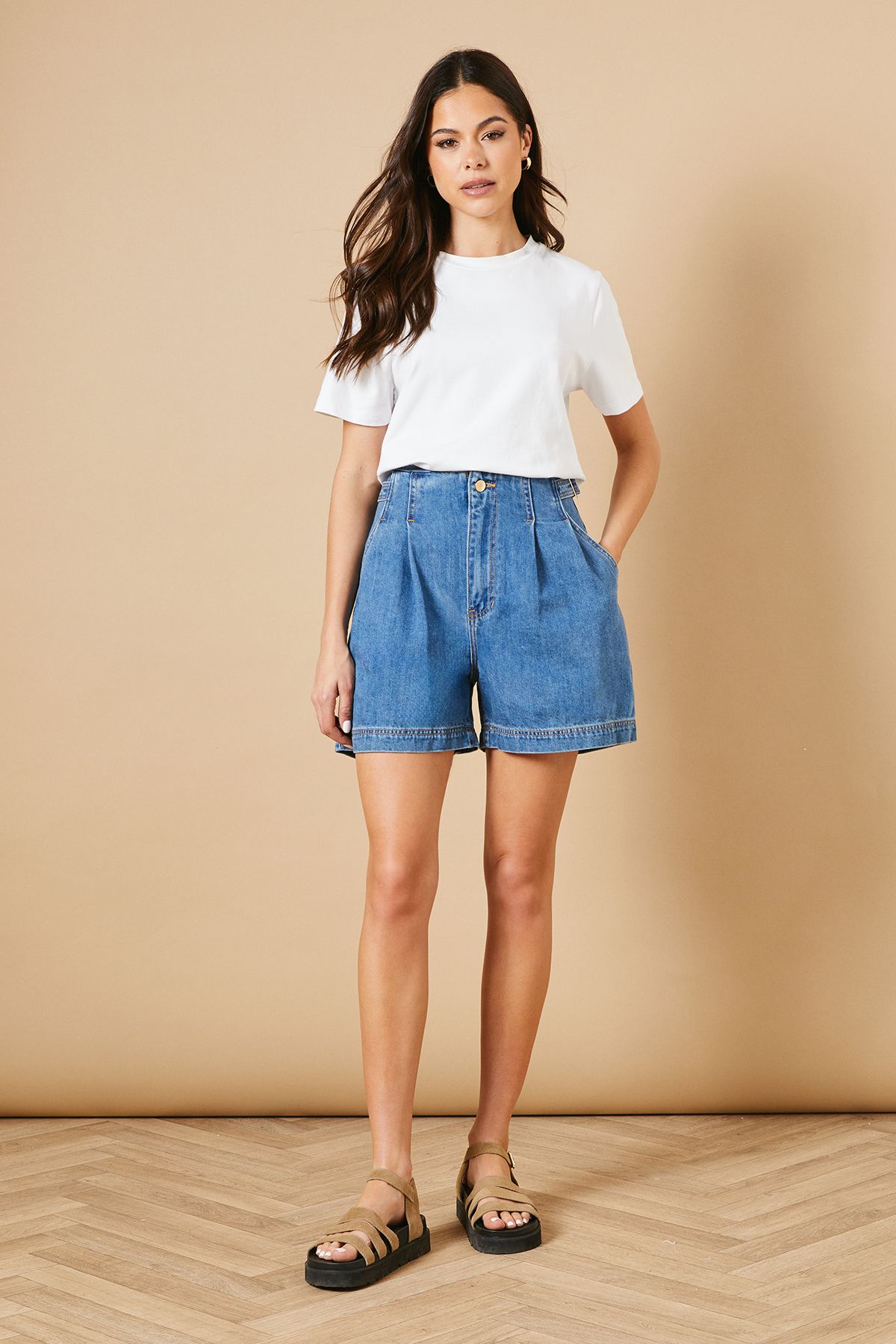 Oasis Mid Wash Denim Short With Pleat Front PLT